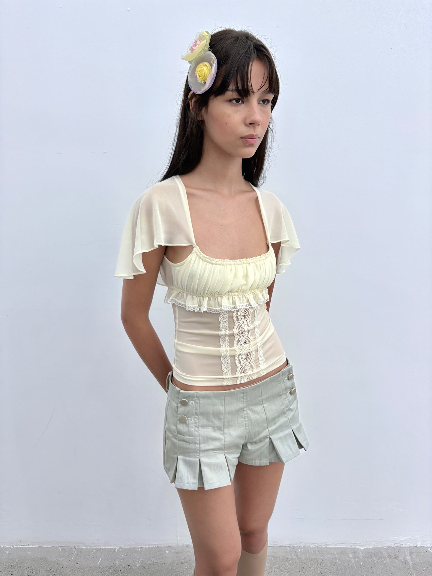 Romantic Lace-Trimmed Mesh Bustier Top - Coquette Style Ruffled Short Sleeve Blouse