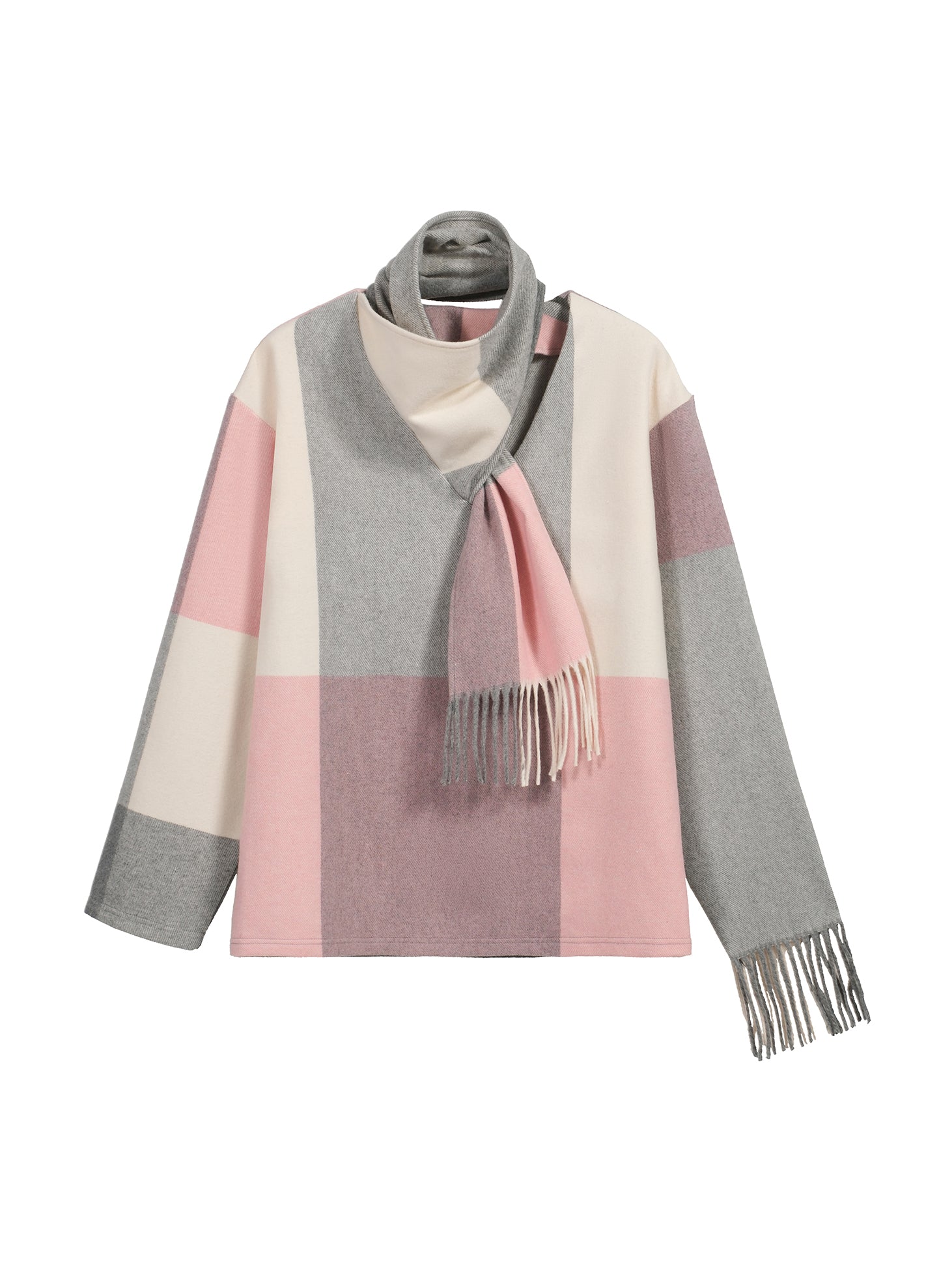 Scarf integrated wool sweater