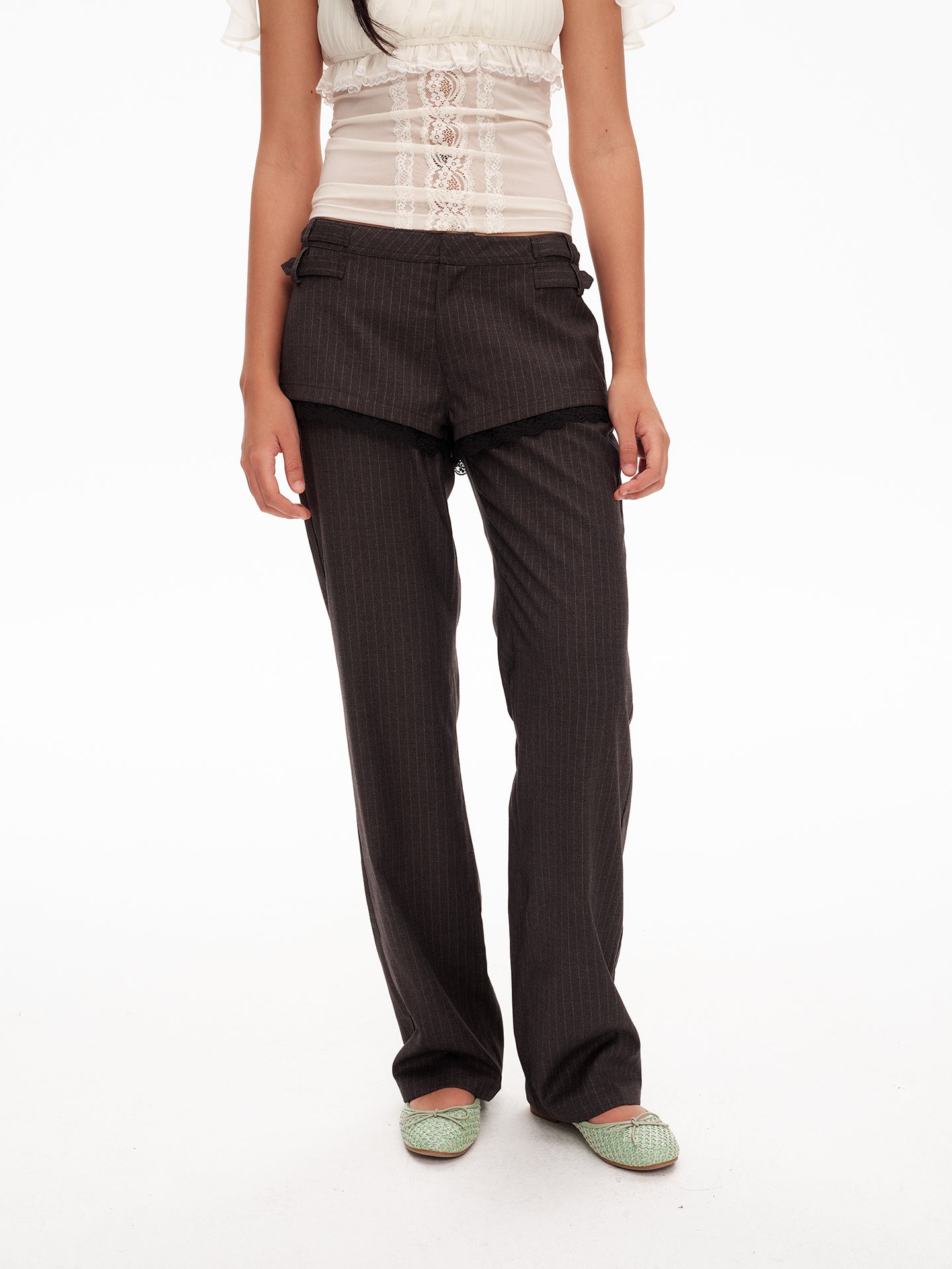 Y2K Striped Lace-Trimmed Layered Trousers - Dark Academia Aesthetic Pants