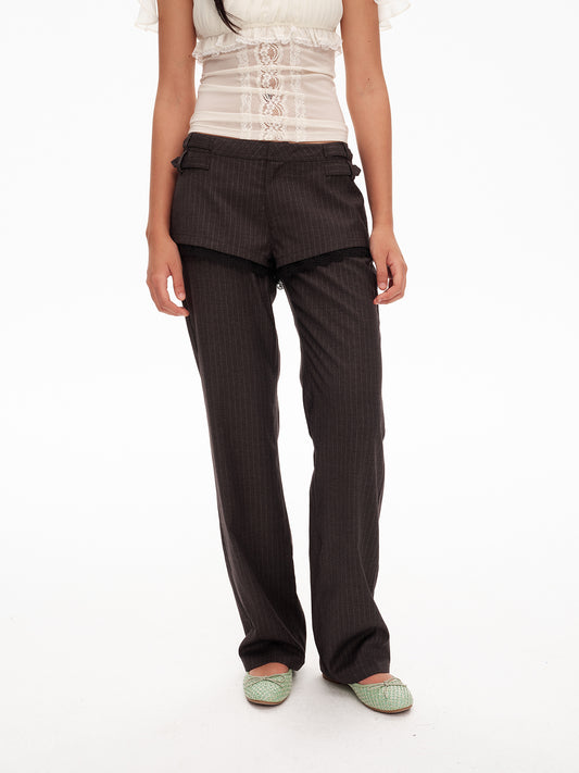 Y2K Striped Lace-Trimmed Layered Trousers - Dark Academia Aesthetic Pants