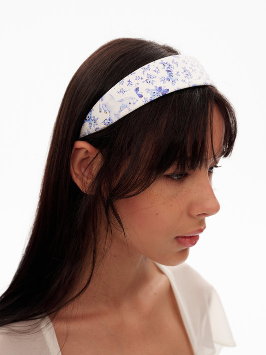 Blue Floral Horse Print Wide Headband - Elegant Retro Style Hair Accessory