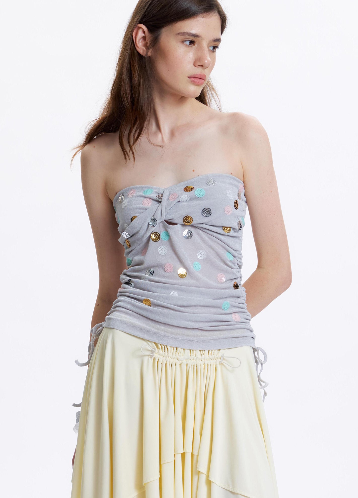 Sequin polka dot strapless top