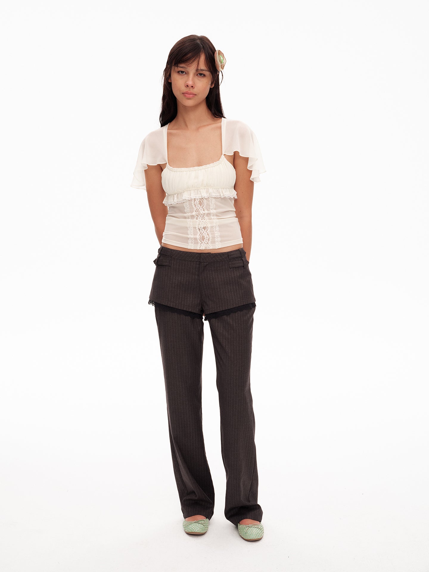 Y2K Striped Lace-Trimmed Layered Trousers - Dark Academia Aesthetic Pants