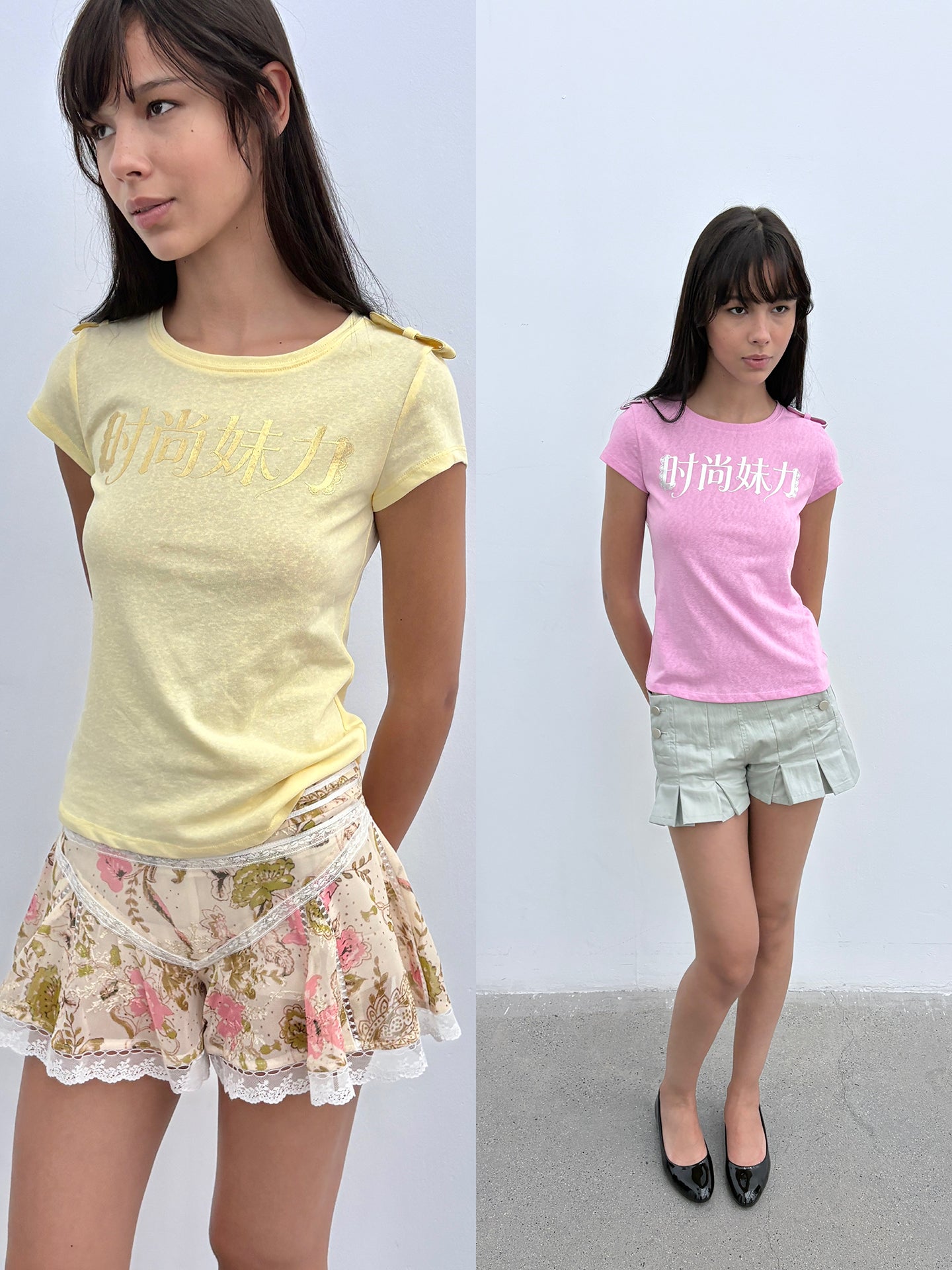 Y2K Graphic Baby Tee - Embroidered Chinese Character Slim Fit Short Sleeve Top