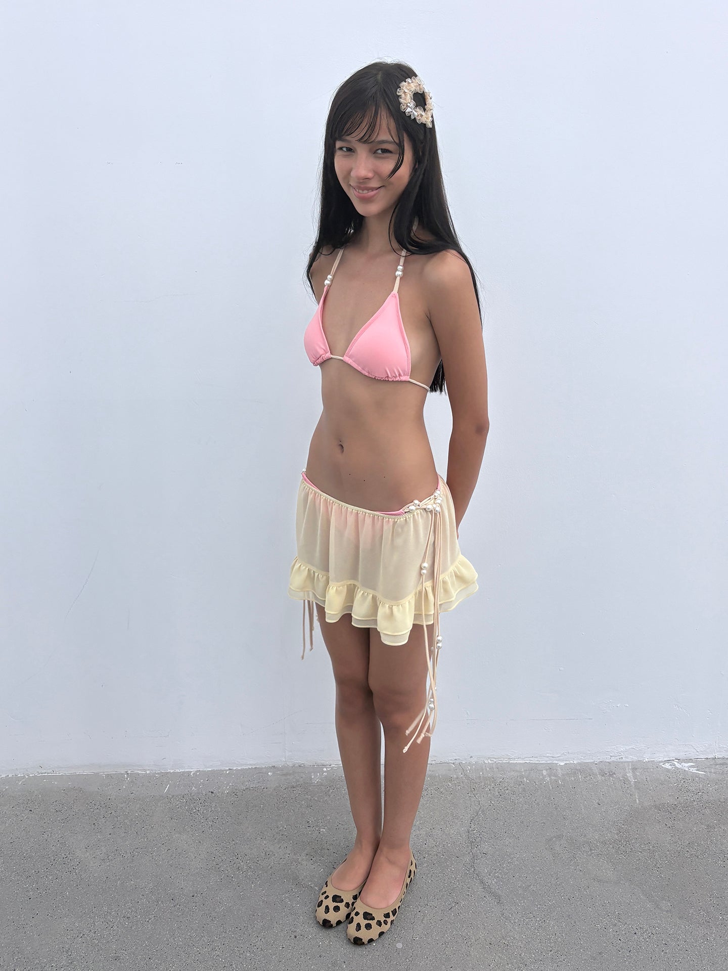 Coquette Pearl-Embellished Bikini & Sheer Ruffle Skirt 3-Piece Set