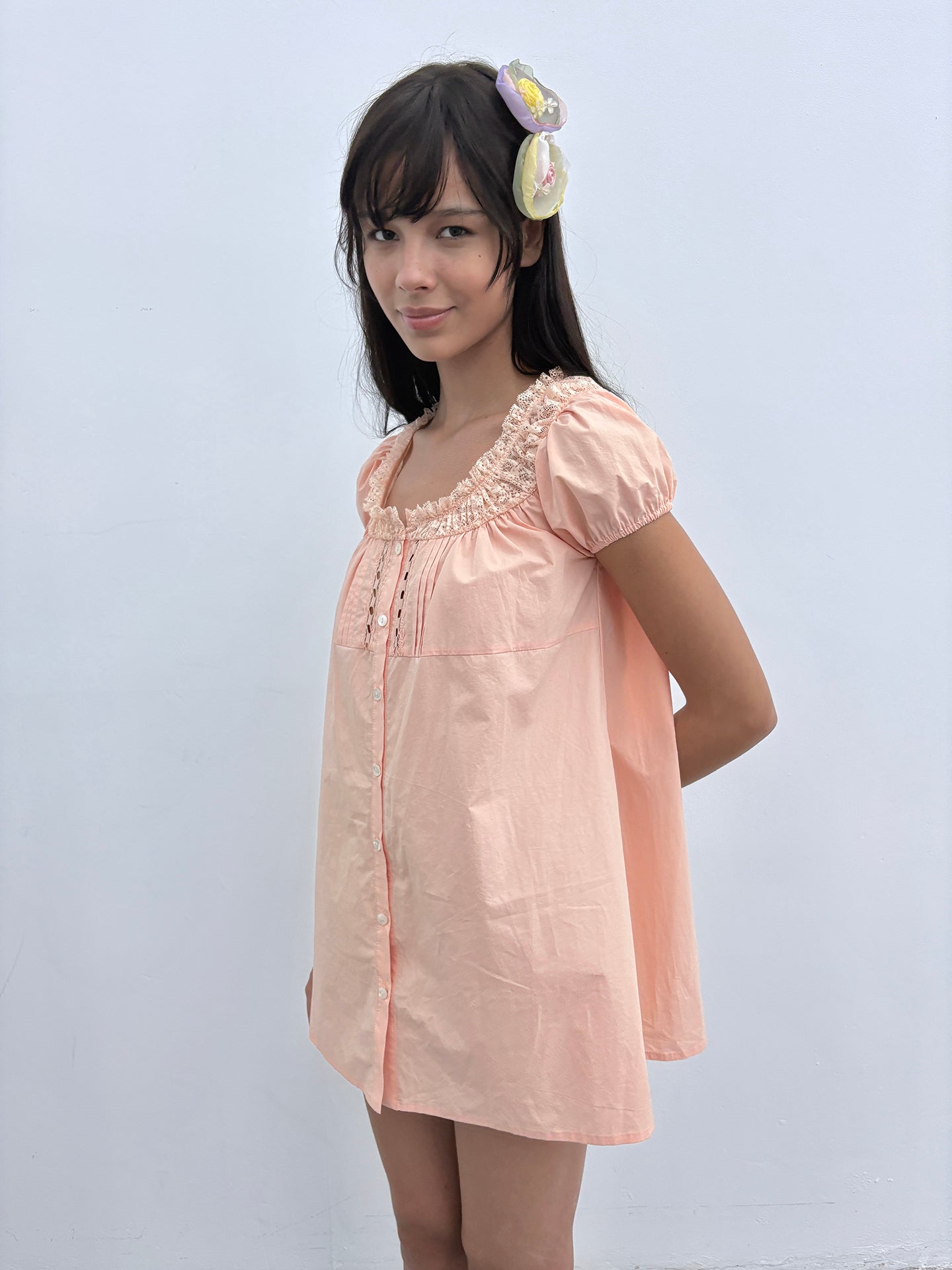Women's Pastel Pink Lace Collar Button-Down Mini Dress - Vintage Inspired Summer Casual Dress